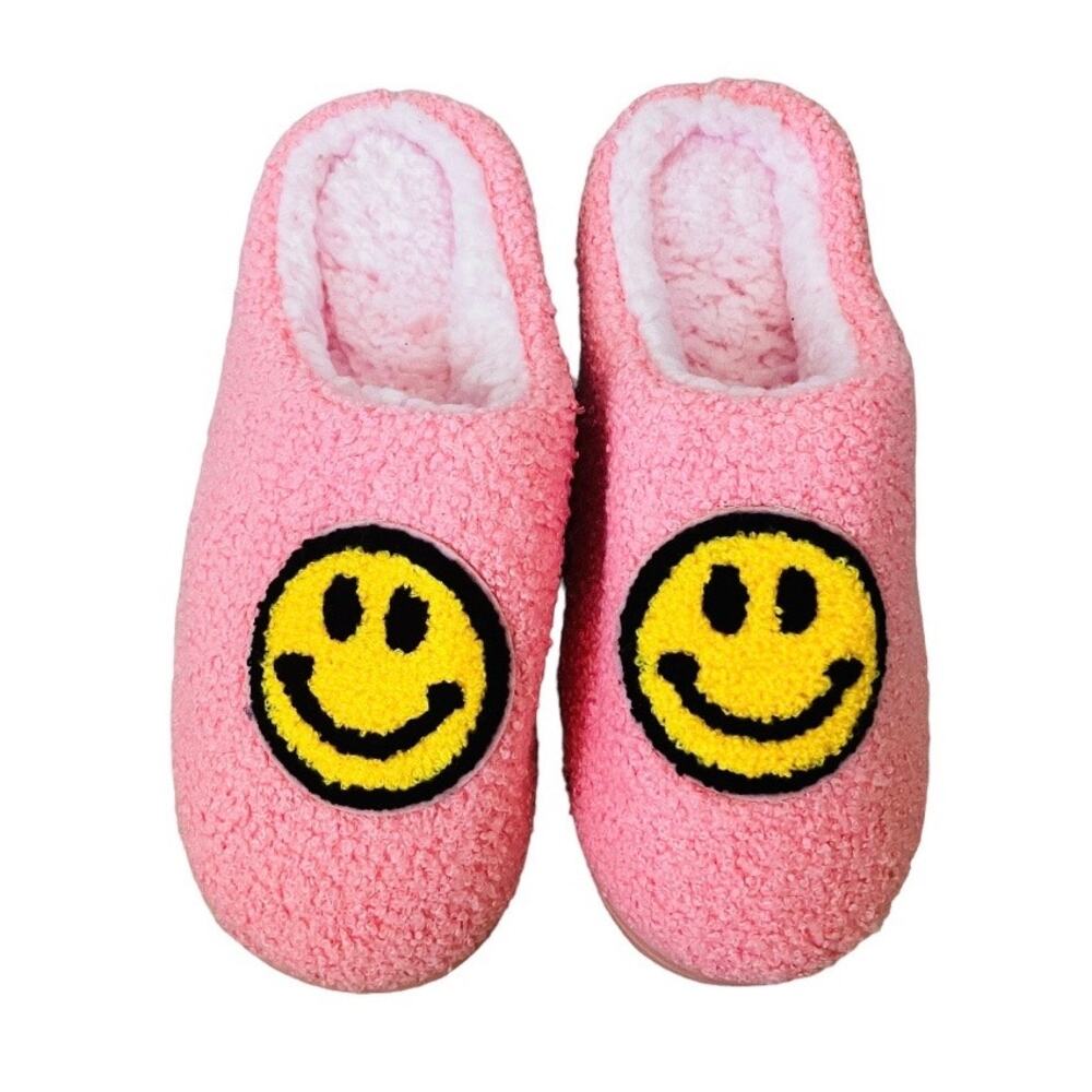 Smiley Face Pink Fuzzy Slippers Size 8-9